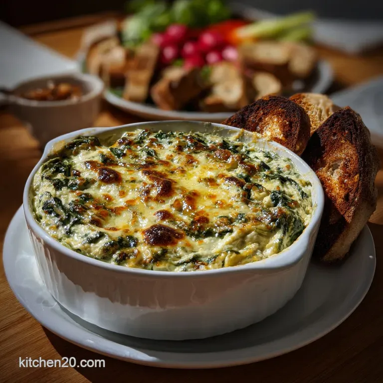 Warm spinach artichoke dip artfully swirled in a rustic serving dish, surrounded by toasted baguette slices, ready to share.