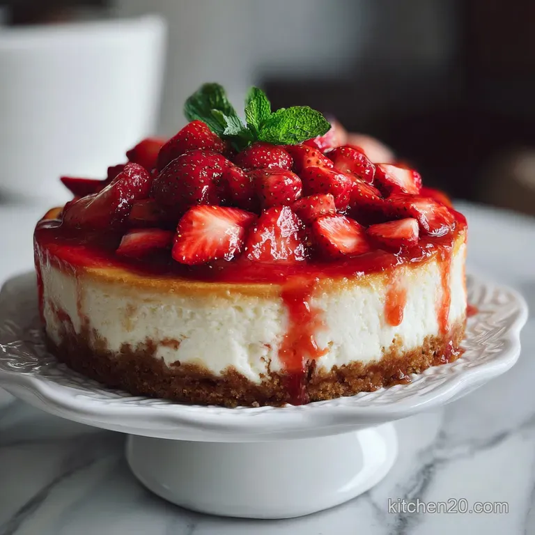 Slice of strawberry cheesecake with defined layers; smooth, pale filling contrasts with bright red berry compote.