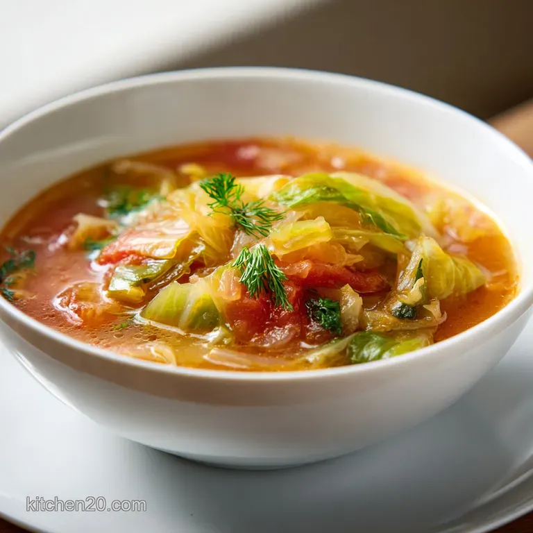 Warm, comforting cabbage soup in a rustic bowl, garnished with fresh herbs and a swirl of cream, offering a light meal.