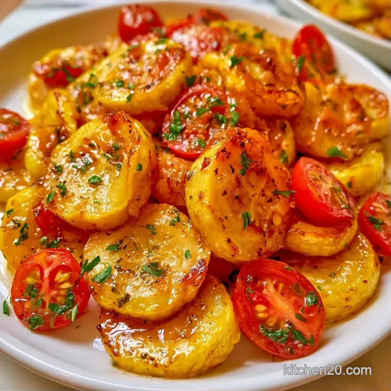 Golden squash rounds and blistered red tomatoes artfully arranged on a white plate with a sprinkle of fresh green herbs.
