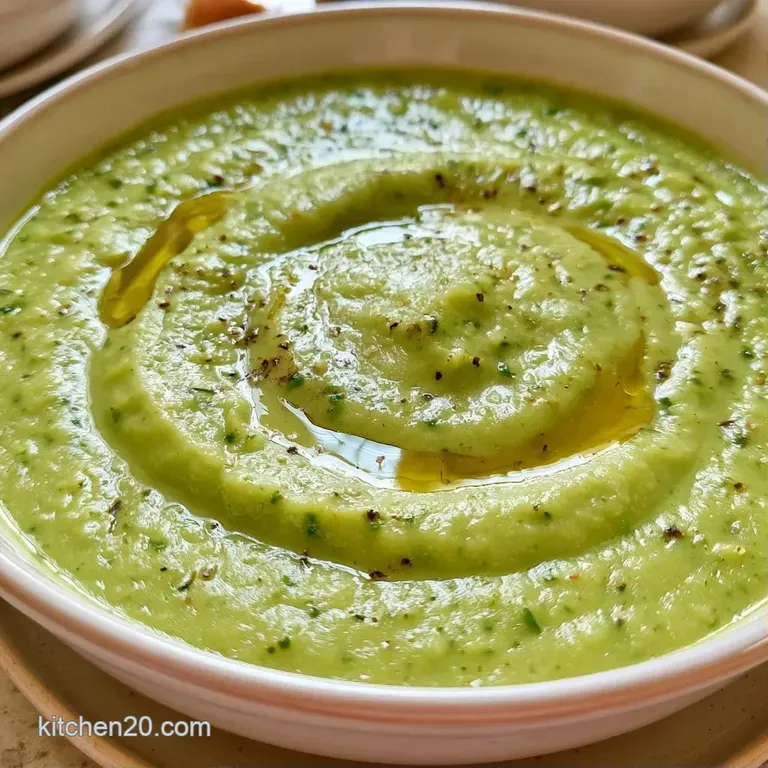 Pale yellow velvet soup in a white ceramic bowl topped with a drizzle of olive oil and a crisp herb leaf.