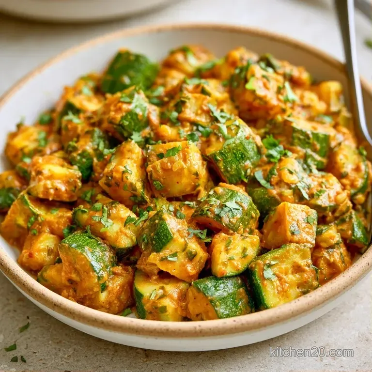 Sautéed green zucchini cubes with golden turmeric tints, elegantly plated on white porcelain with fresh cilantro.