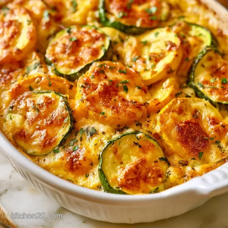 A square slice of buttery vegetable bake on a white plate, topped with toasted crumbs and a sprig of fresh parsley